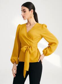 Mulvari Solid Surplice Front Belted Blouse - Mustard Yellow - View 3