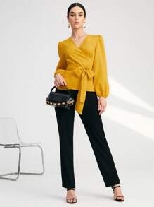 Mulvari Solid Surplice Front Belted Blouse - Mustard Yellow - View 5