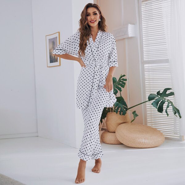 

Polka Dot Belted Night Set, White
