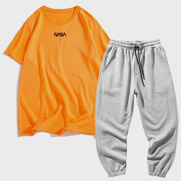 

Men Letter Graphic Tee With Drawstring Sweatpants, Multicolor
