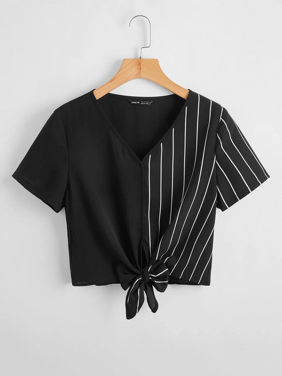 SHEIN LUNE Striped Tie Front Top - Black - View 1