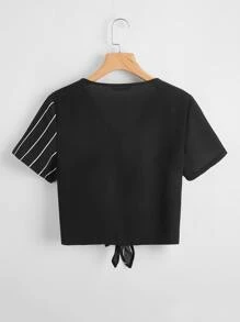 SHEIN LUNE Striped Tie Front Top - Black - View 2