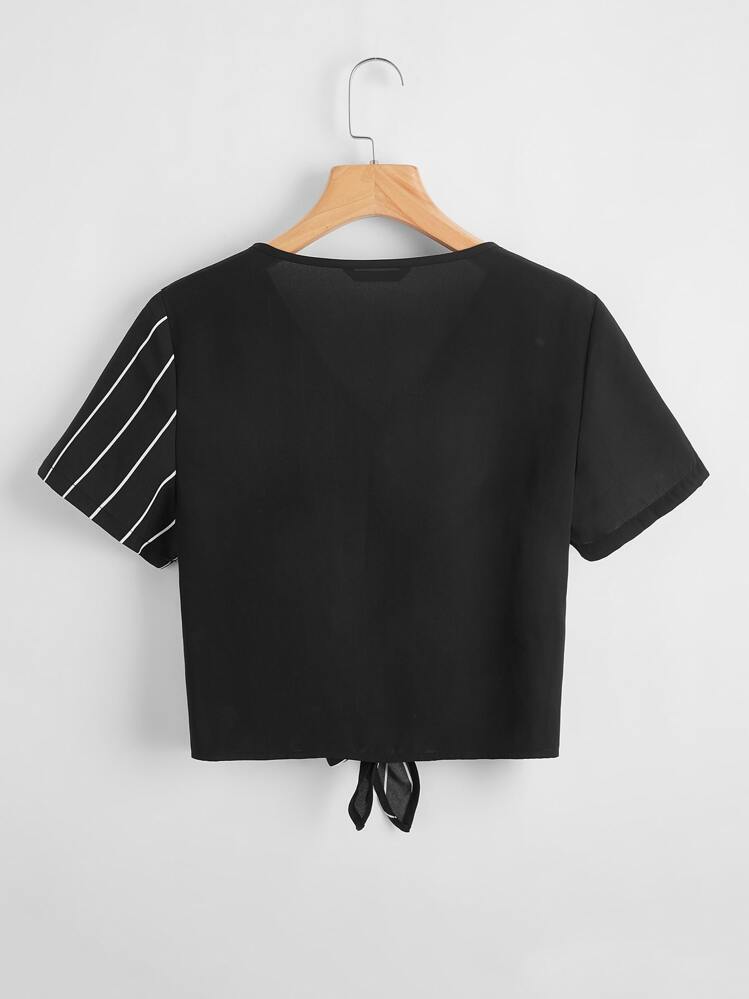 SHEIN LUNE Striped Tie Front Top - Black - View 2