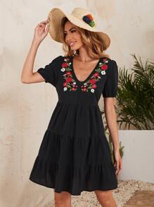 SHEIN Flower Embroidery Flounce Hem Dress - Black - View 1
