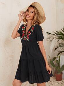 SHEIN Flower Embroidery Flounce Hem Dress - Black - View 5