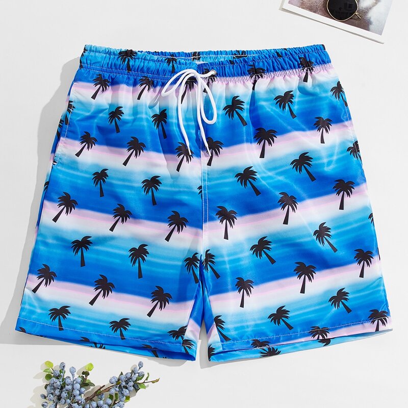 

Guys Ombre Tropical Print Drawstring Waist Swim Trunks, Multicolor