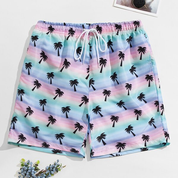 

Men Ombre Tropical Print Drawstring Waist Swim Trunks, Multicolor