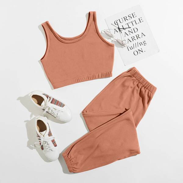 

Solid Crop Tank Top With Pants Lounge Set, Orange