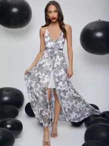 SHEIN 繫帶露背滿版佩斯利圖案雪紡吊帶連衣裙 - 彩色 - 查看 1