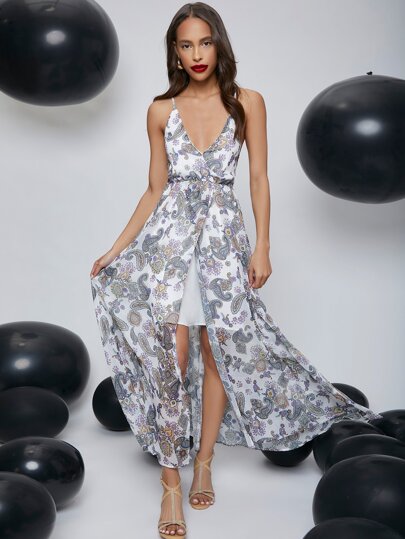 فستان منزلق شيفون بطباعة بيزلي شامل مكشوف الظهر بربطة