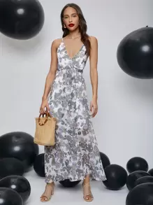 SHEIN 繫帶露背滿版佩斯利圖案雪紡吊帶連衣裙 - 彩色 - 查看 3