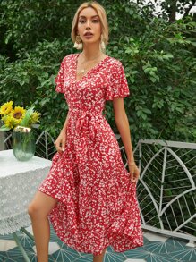 SHEIN Unity Flippy Hem Belted Ditsy Floral Print Dress - Red and White - View 1