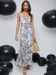 SHEIN 繫帶露背滿版佩斯利圖案雪紡吊帶連衣裙 - 彩色 - 查看 4