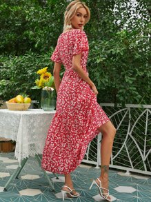 SHEIN Unity Flippy Hem Belted Ditsy Floral Print Dress - Red and White - View 2