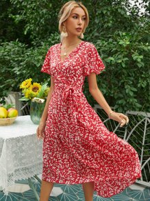 SHEIN Unity Flippy Hem Belted Ditsy Floral Print Dress - Red and White - View 3