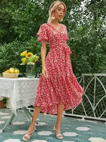 SHEIN Unity Flippy Hem Belted Ditsy Floral Print Dress - Red and White - View 6