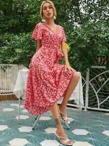 SHEIN Unity Flippy Hem Belted Ditsy Floral Print Dress - Red and White - View 7