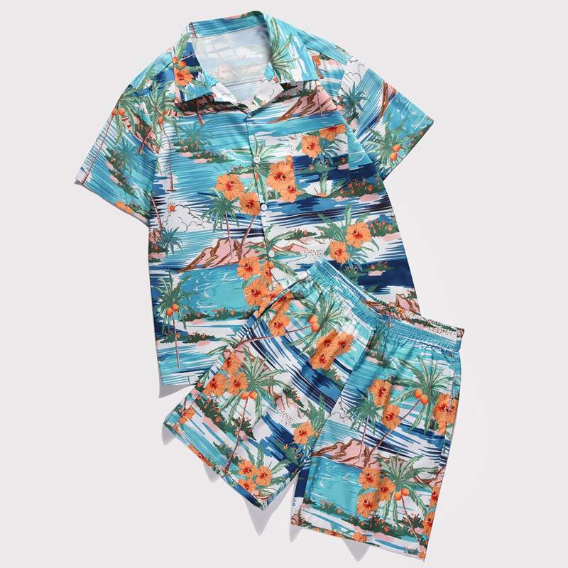 

Guys Floral And Tropical Print Shirt With Shorts, Multicolor