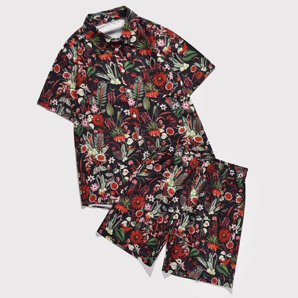 

Men Floral Print Button Front Shirt With Shorts, Multicolor