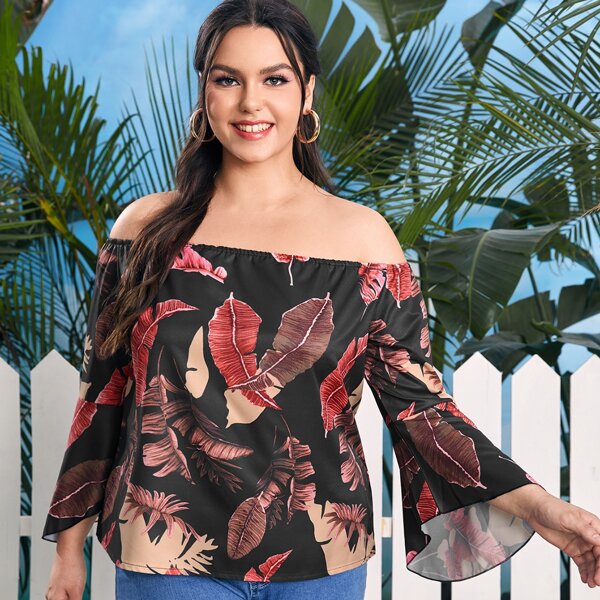 

Plus Off The Shoulder Leaf Print Top, Multicolor