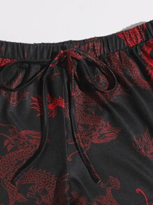 SHEIN 繫腰帶中國龍圖案運動短褲 - 彩色 - 查看 4