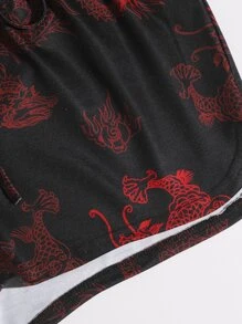 SHEIN 繫腰帶中國龍圖案運動短褲 - 彩色 - 查看 5