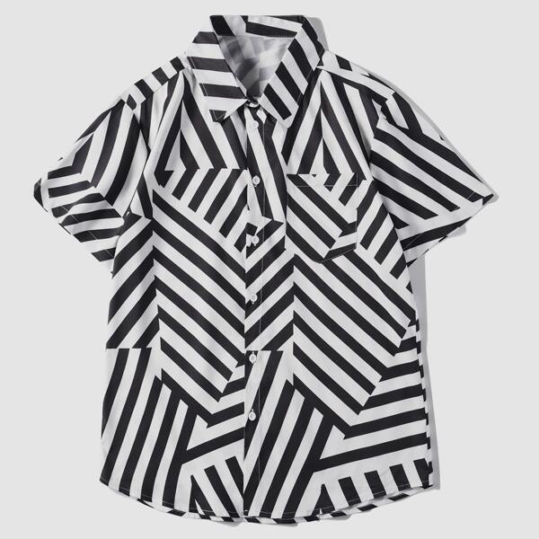 

Men Striped Pocket Patched Button Up Shirt, Black and white