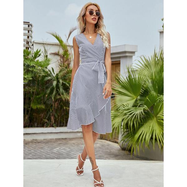 

Striped Wrap Ruffle Belted Dress, Blue and white