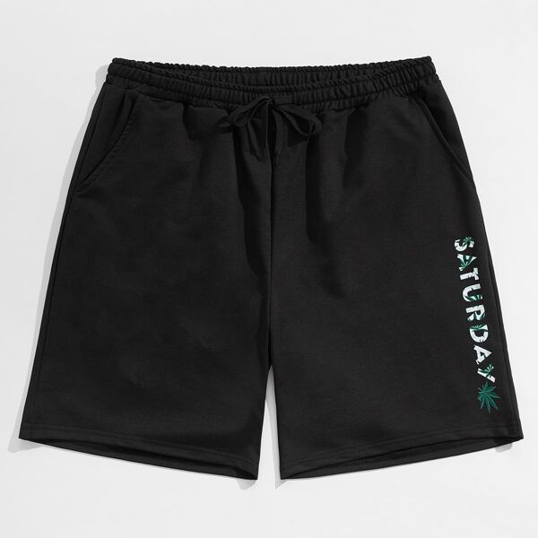 

Men Letter & Leaf Print Track Shorts, Black