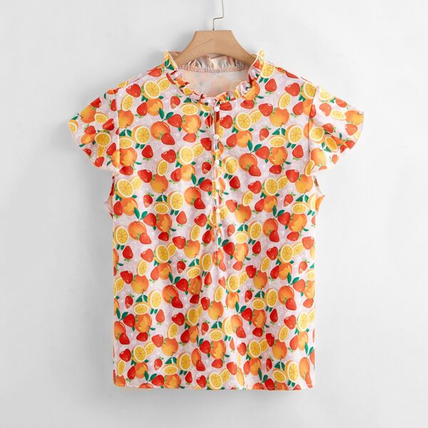 

Plus Allover Fruit Print Ruffle Neck Blouse, Multicolor