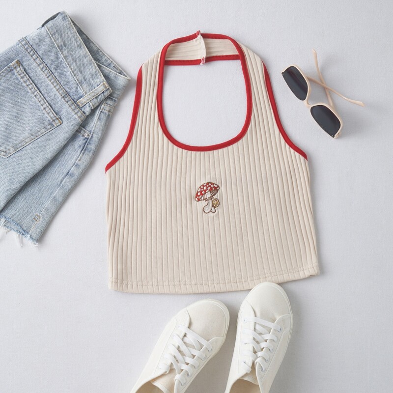 

Mushroom Embroidery Ringer Halter Top, Beige