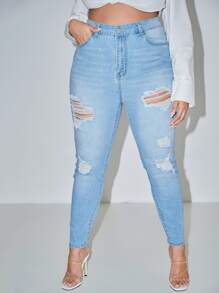SHEIN SXY Plus Curvy High Waist Ripped Skinny Jeans - Light Wash - View 4