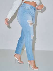 SHEIN SXY Plus Curvy High Waist Ripped Skinny Jeans - Light Wash - View 5