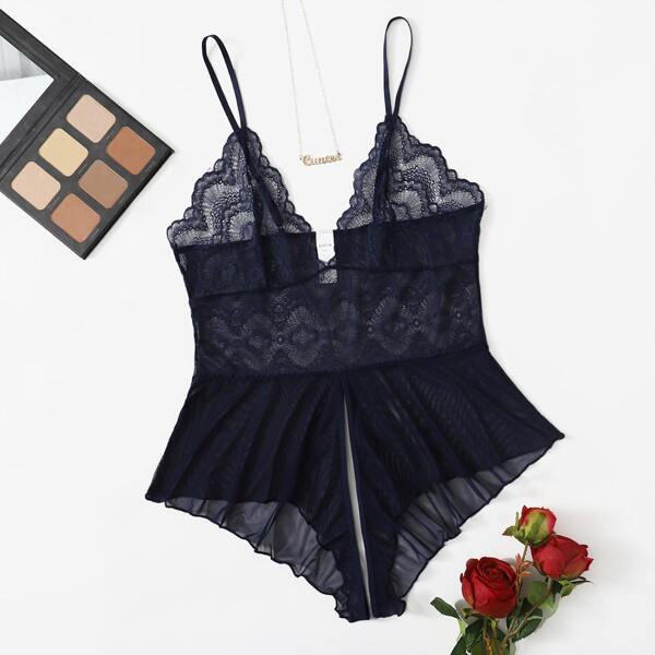

Plus Contrast Lace Mesh Crotchless Teddy Bodysuit, Navy blue
