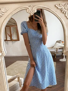 Vestido línea A floral fruncido con abertura - Celeste - Ver 5