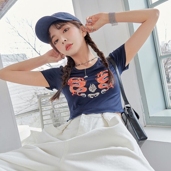 

Chinese Dragon Print Tee, Navy blue