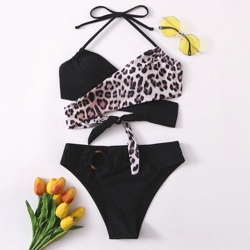 

Leopard Wrap Halter Bikini Swimsuit, Multicolor