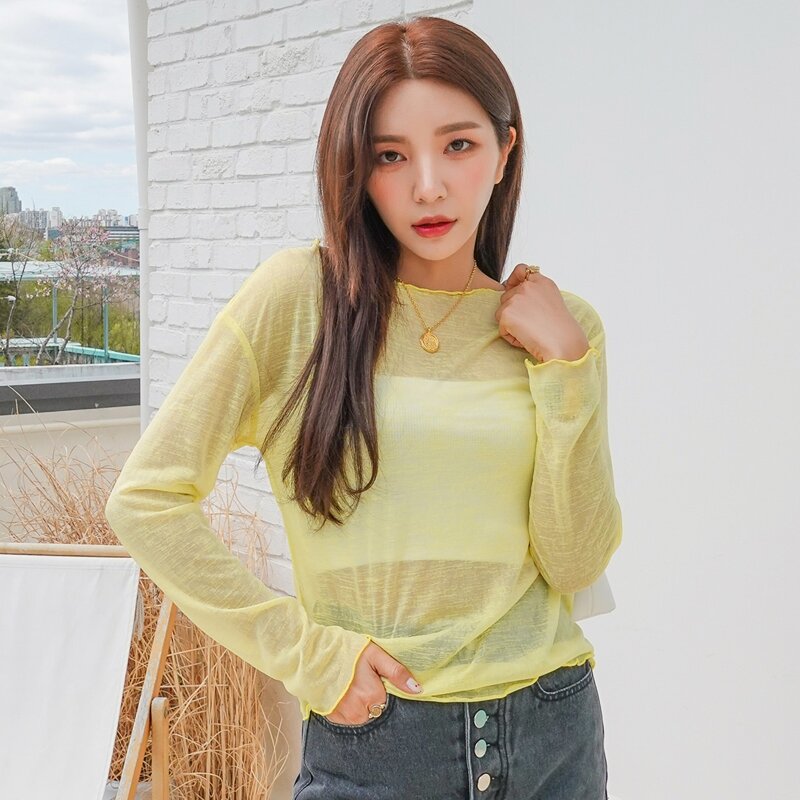 

Sheer Lettuce Trim Long Sleeve Top, Yellow