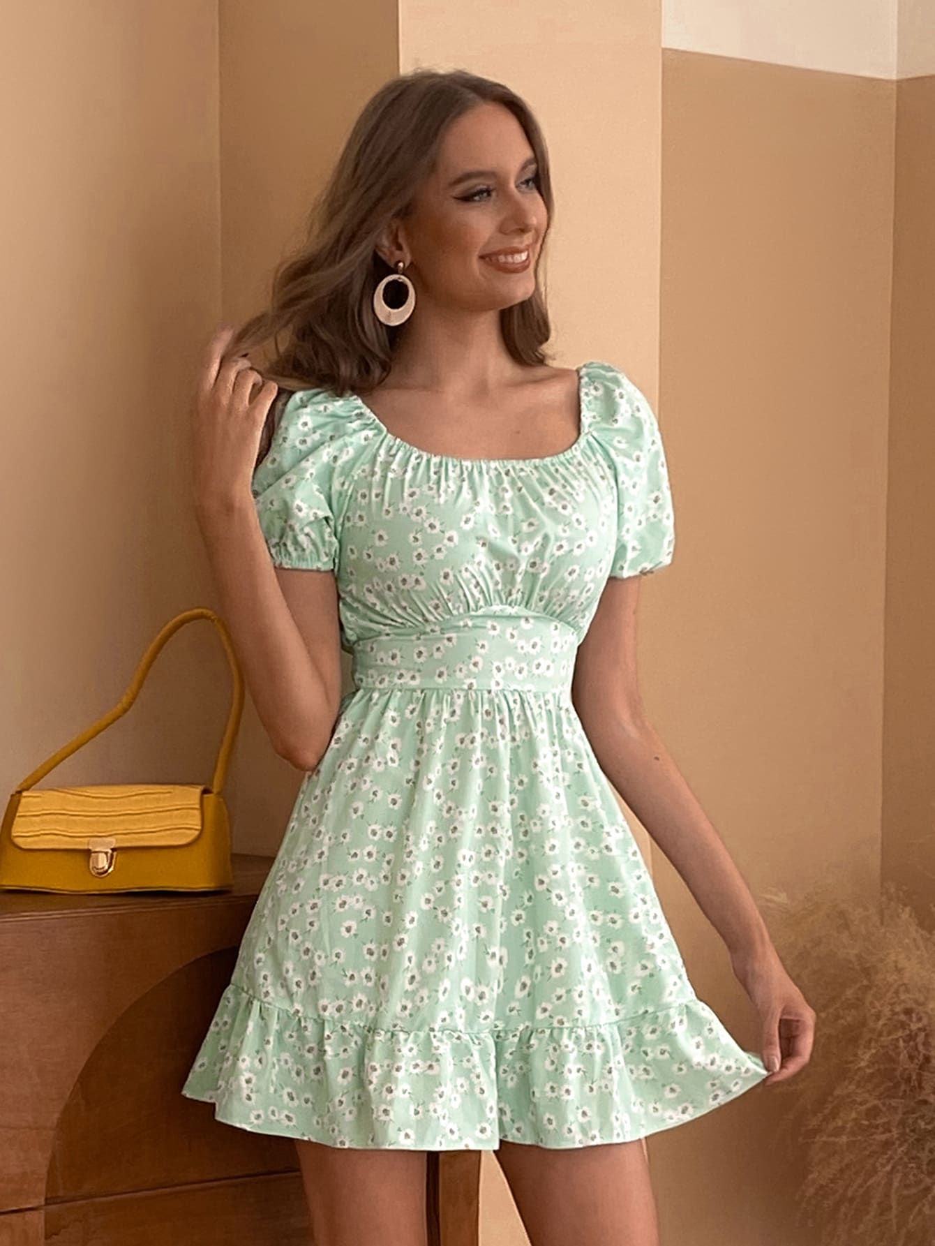 Đầm Viên lá sen Họa tiết hoa Boho - màu xanh lá - Xem 1