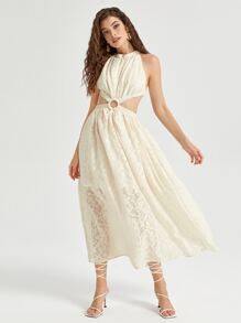 SHEIN Unity Crisscross Backless Jacquard Flower Applique Chiffon Dress