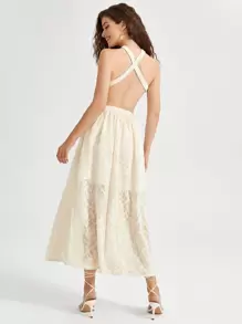 SHEIN Unity Crisscross Backless Jacquard Flower Applique Chiffon Dress