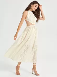 SHEIN Unity Crisscross Backless Jacquard Flower Applique Chiffon Dress