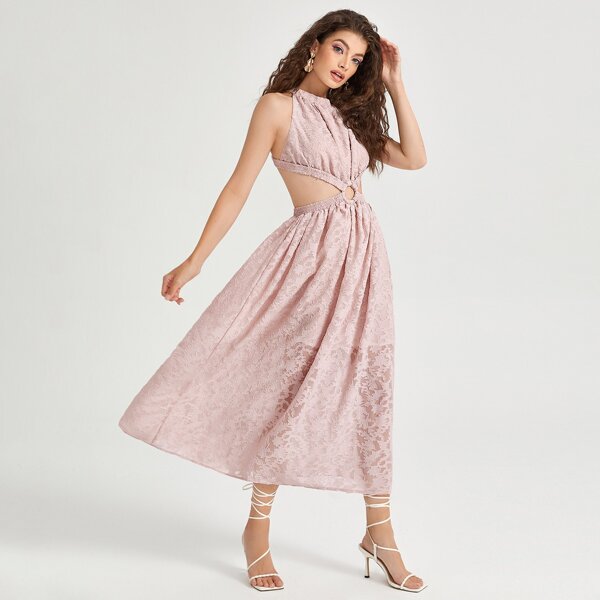 

Crisscross Backless Jacquard Flower Applique Chiffon Dress, Baby pink