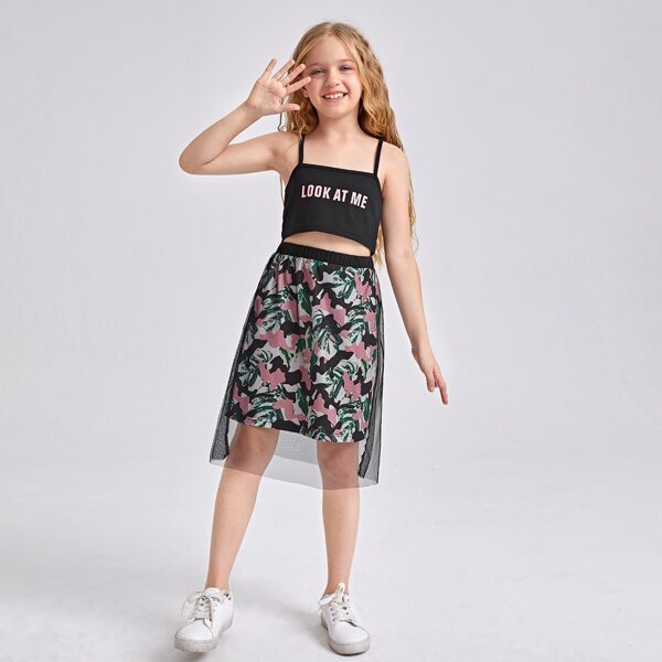 

Girls Slogan Graphic Cami Top With Mesh Overlay Skirt, Multicolor