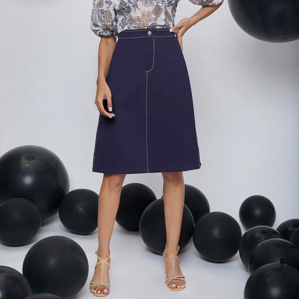 

Zipper Fly Contrast Stitch Split Thigh Skirt, Navy blue
