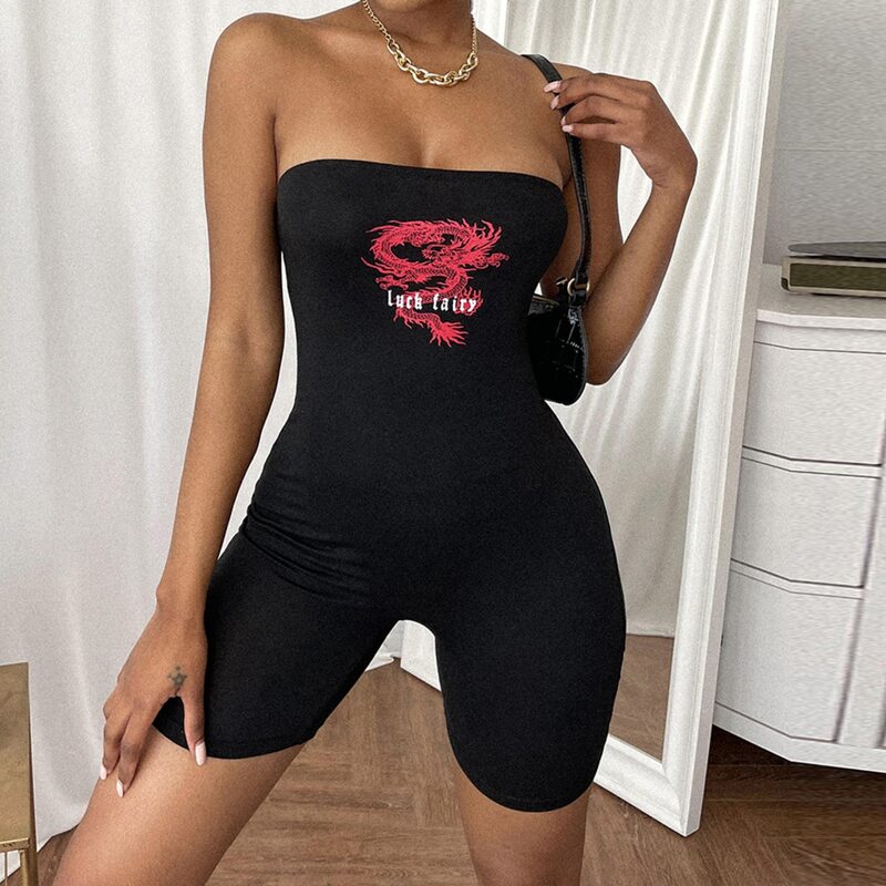 

Chinese Dragon Print Bandeau Romper, Black
