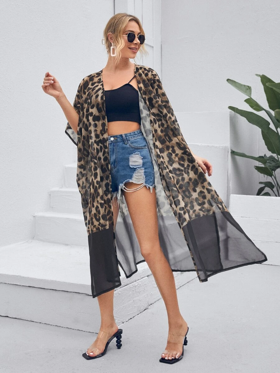 Leopard Mesh Split Side Kimono, For Summer Beach Vacation