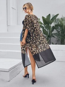 Leopard Mesh Split Side Kimono, For Summer Beach Vacation