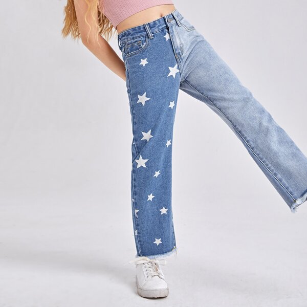 

Girls Zipper Fly Raw Hem Star Print Colorblock Jeans, Multicolor