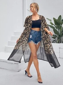 Leopard Mesh Split Side Kimono, For Summer Beach Vacation